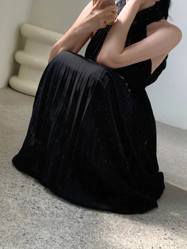 Matakawa Pleated Dresses Women Solid Beach Style Spring Summer Elegant Long Dress Sleeveless Korean Fashion Retro Vestidos