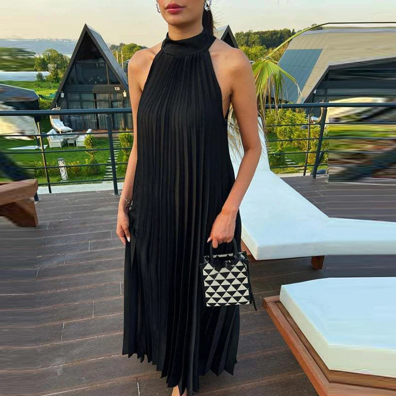 Spring Summer Half High Neck Loose Women Dress Casual Multi-color Pleated Long Dress 2025 Sexy Sleeveless High Waist Party Dress