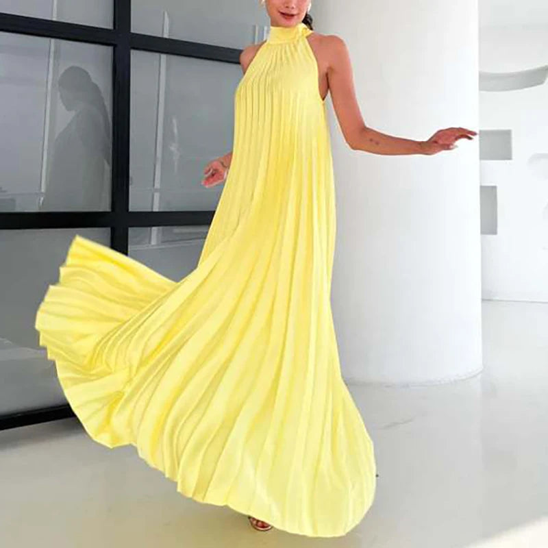 New 2025 Elegant Solid Swing Loose Party Dress Spring Female Halter Slim Banquet Long Dress Women Sexy Off Shoulder Gala Dress