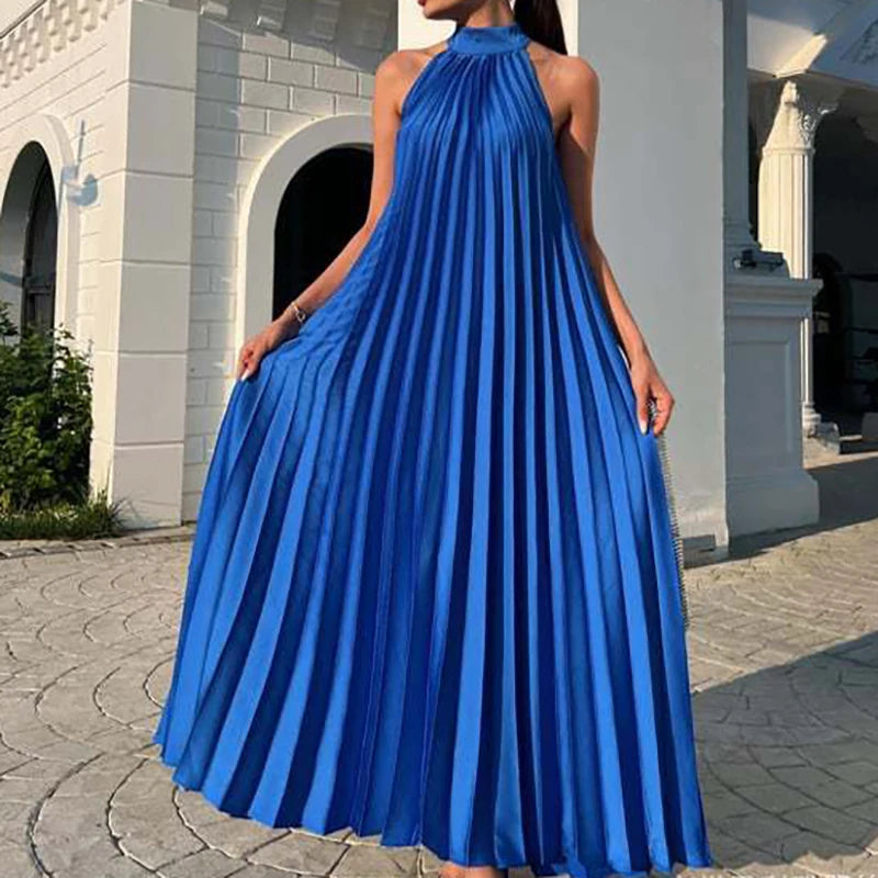 Spring Summer Half High Neck Loose Women Dress Casual Multi-color Pleated Long Dress 2025 Sexy Sleeveless High Waist Party Dress