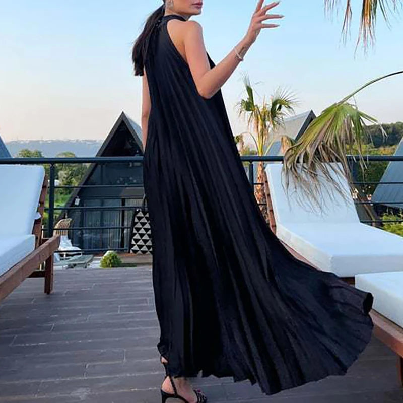 New 2025 Elegant Solid Swing Loose Party Dress Spring Female Halter Slim Banquet Long Dress Women Sexy Off Shoulder Gala Dress