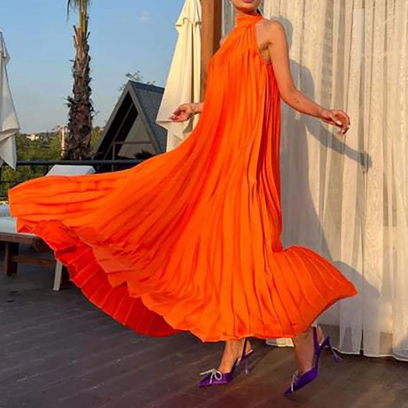 Elegant Simple Solid Color Loose Long Dress Sexy Off Shoulder Pleated Women Party Dress Spring Summer Sleeveless Boho Maxi Dress