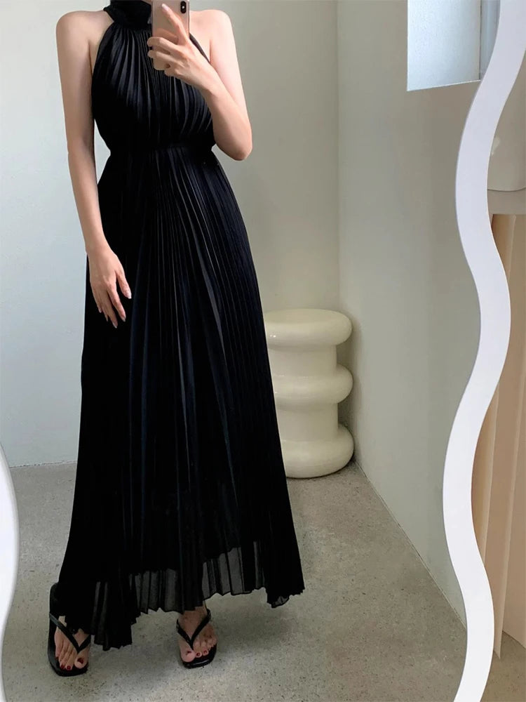 Matakawa Pleated Dresses Women Solid Beach Style Spring Summer Elegant Long Dress Sleeveless Korean Fashion Retro Vestidos