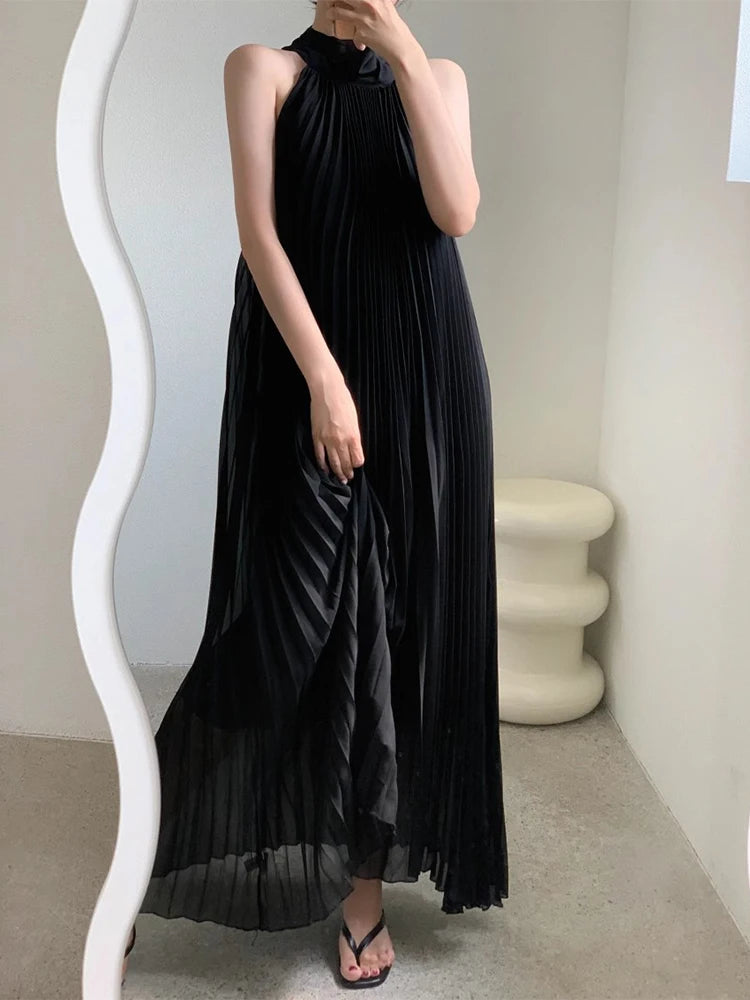 Matakawa Pleated Dresses Women Solid Beach Style Spring Summer Elegant Long Dress Sleeveless Korean Fashion Retro Vestidos