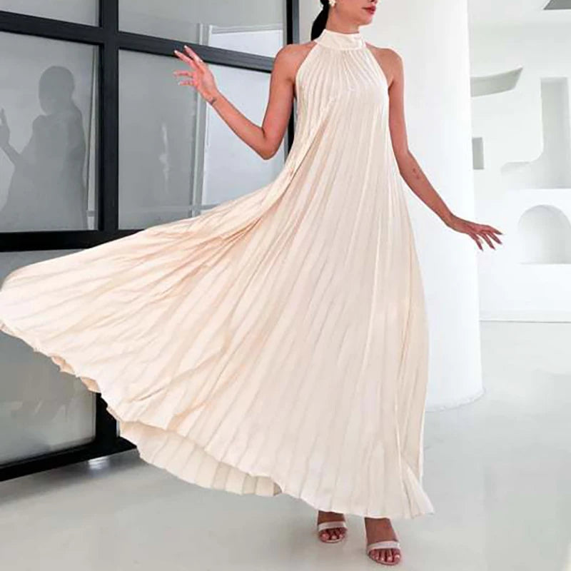 Spring Summer Half High Neck Loose Women Dress Casual Multi-color Pleated Long Dress 2025 Sexy Sleeveless High Waist Party Dress