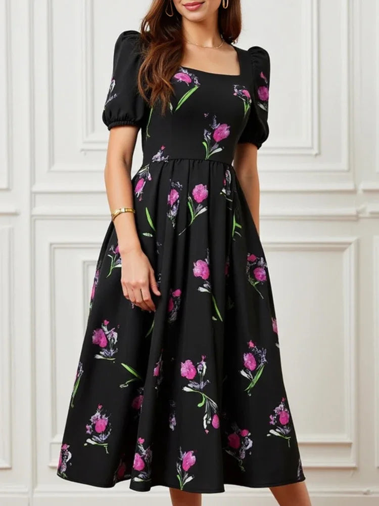 Rafiah Select Women's Dress 2025 Summer Elegant Midi Pleated Flower Print Short Puff Sleeve Square Neck Long Dress