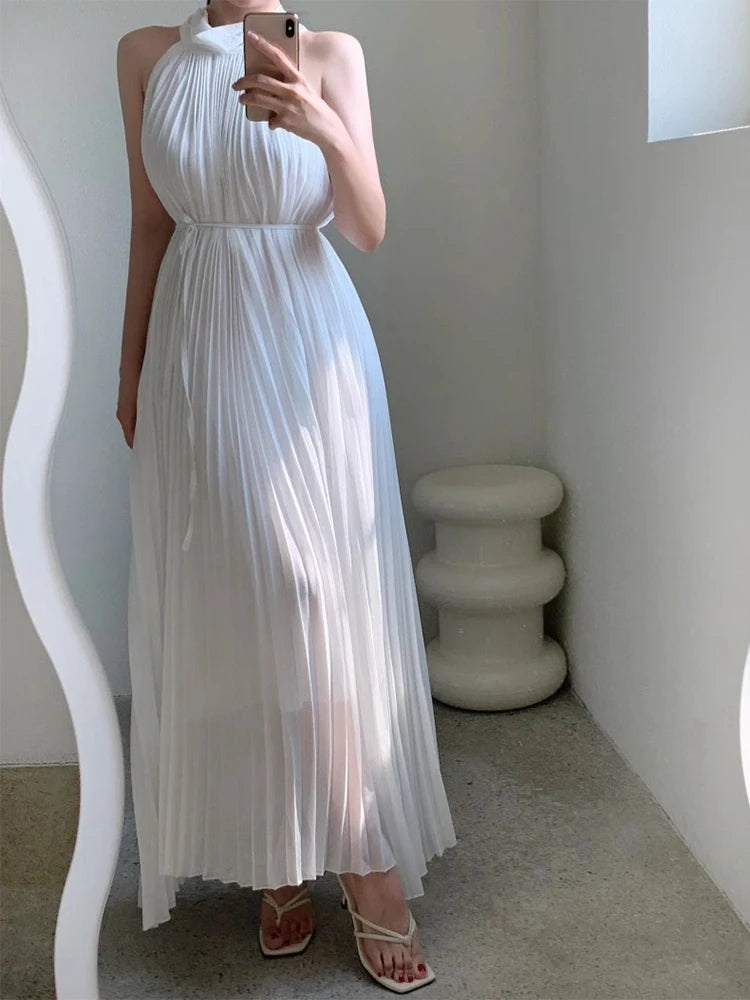 Matakawa Pleated Dresses Women Solid Beach Style Spring Summer Elegant Long Dress Sleeveless Korean Fashion Retro Vestidos