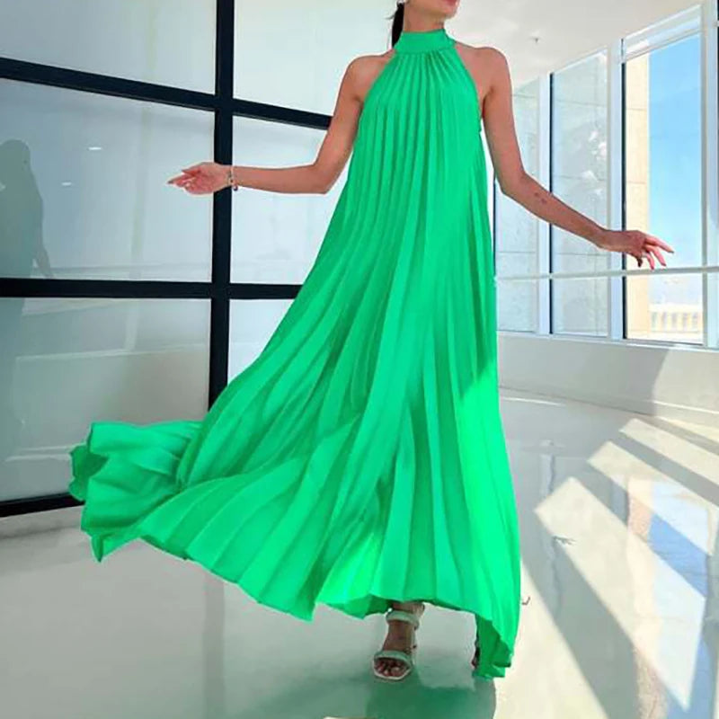 Elegant Simple Solid Color Loose Long Dress Sexy Off Shoulder Pleated Women Party Dress Spring Summer Sleeveless Boho Maxi Dress