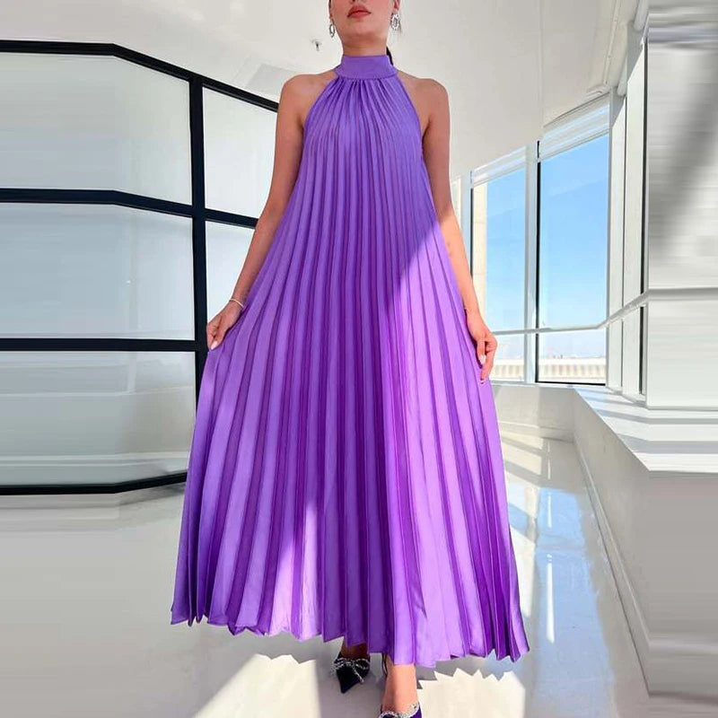 Elegant Simple Solid Color Loose Long Dress Sexy Off Shoulder Pleated Women Party Dress Spring Summer Sleeveless Boho Maxi Dress