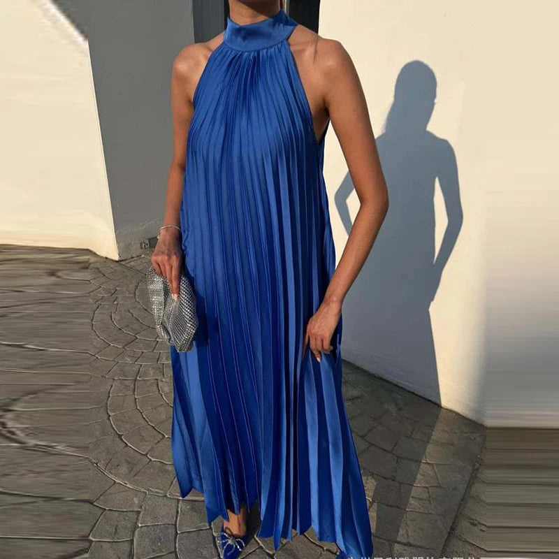 Elegant Simple Solid Color Loose Long Dress Sexy Off Shoulder Pleated Women Party Dress Spring Summer Sleeveless Boho Maxi Dress