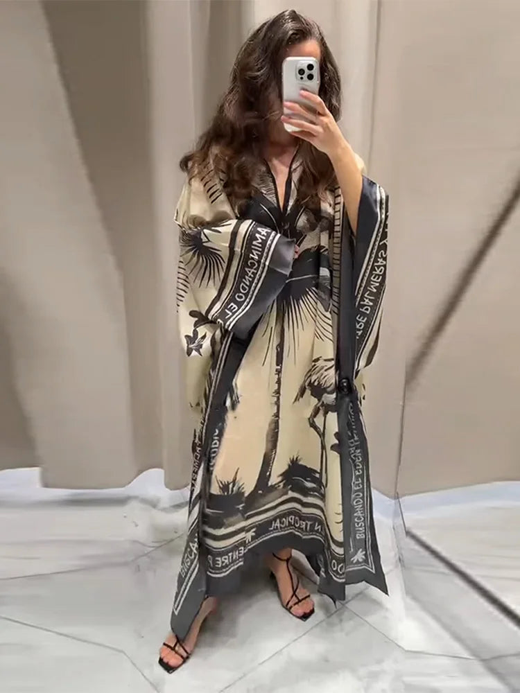 Loose Print Long Dresses Women O-neck Full Sleeve Pleated Holiday Dress Female 2025 Summer Lady Fashion Robes High Street