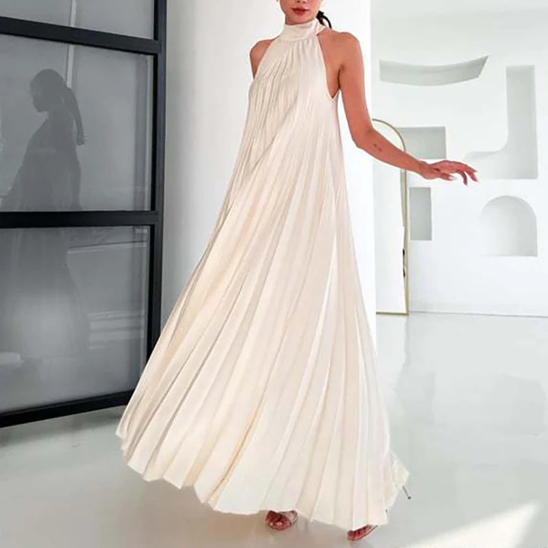 Spring Summer Half High Neck Loose Women Dress Casual Multi-color Pleated Long Dress 2025 Sexy Sleeveless High Waist Party Dress