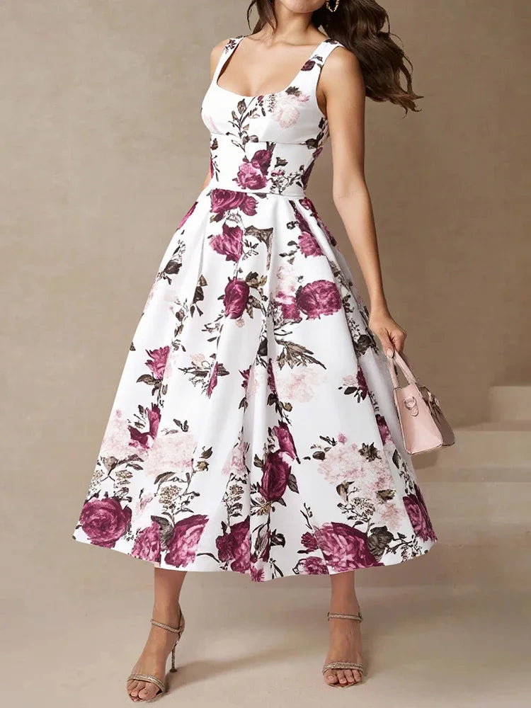 Rafiah Boutique Women's Summer Long Dresses Decent Fashion Floral A-Line Sleeveless Square Neck Shift Dresses