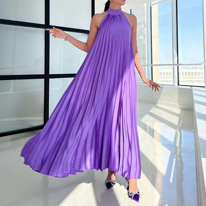 Elegant Simple Solid Color Loose Long Dress Sexy Off Shoulder Pleated Women Party Dress Spring Summer Sleeveless Boho Maxi Dress