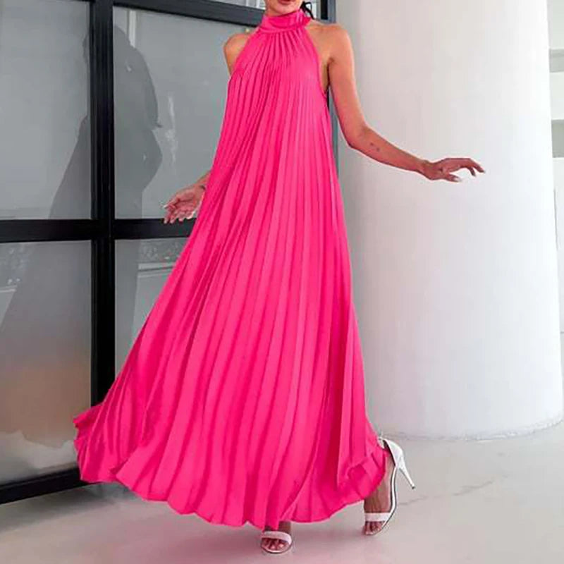 Elegant Simple Solid Color Loose Long Dress Sexy Off Shoulder Pleated Women Party Dress Spring Summer Sleeveless Boho Maxi Dress