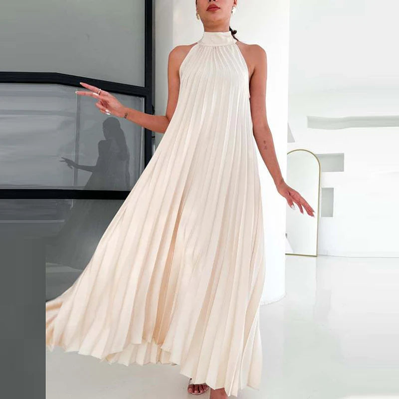 Elegant Simple Solid Color Loose Long Dress Sexy Off Shoulder Pleated Women Party Dress Spring Summer Sleeveless Boho Maxi Dress