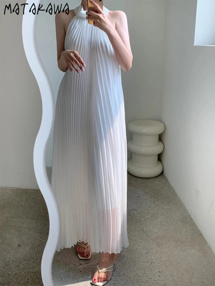 Matakawa Pleated Dresses Women Solid Beach Style Spring Summer Elegant Long Dress Sleeveless Korean Fashion Retro Vestidos