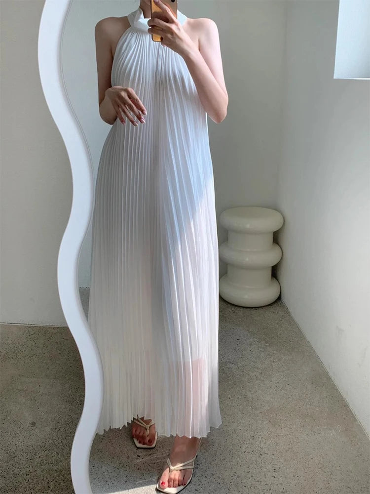 Matakawa Pleated Dresses Women Solid Beach Style Spring Summer Elegant Long Dress Sleeveless Korean Fashion Retro Vestidos