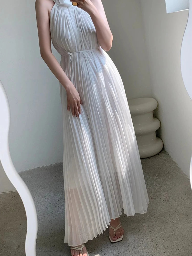 Matakawa Pleated Dresses Women Solid Beach Style Spring Summer Elegant Long Dress Sleeveless Korean Fashion Retro Vestidos