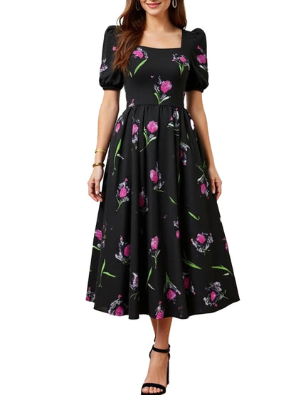 Rafiah Select Women's Dress 2025 Summer Elegant Midi Pleated Flower Print Short Puff Sleeve Square Neck Long Dress