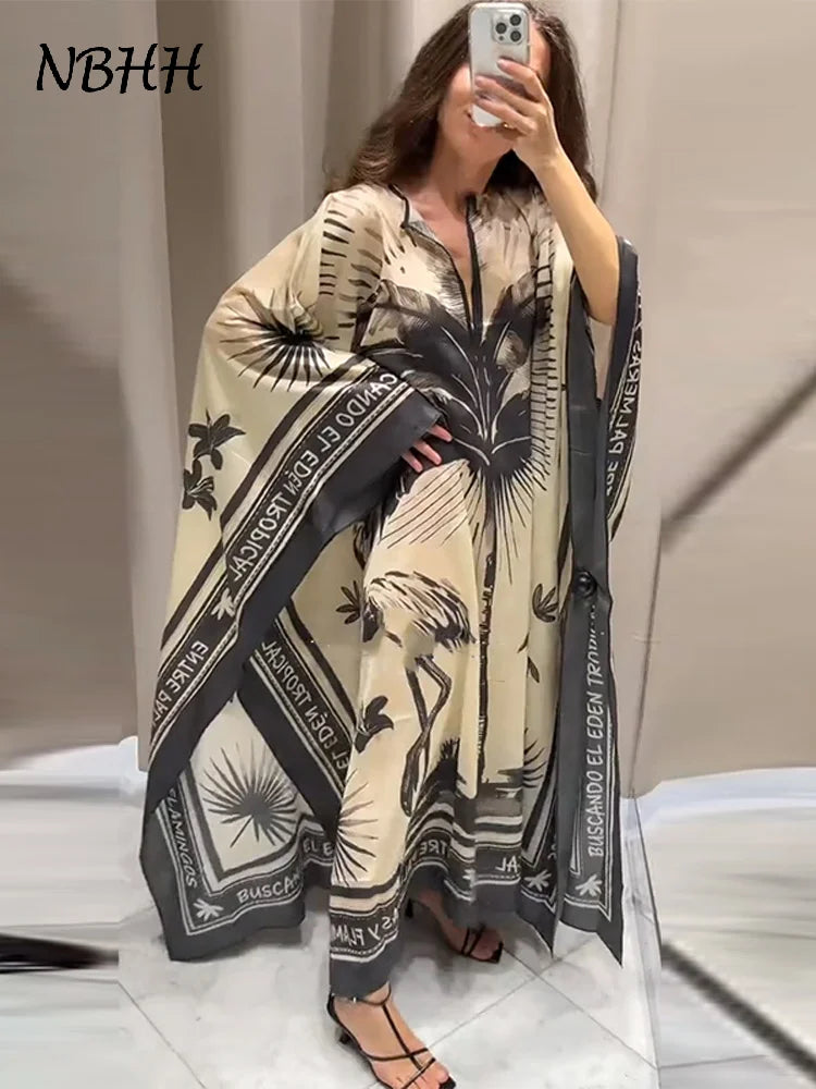 Loose Print Long Dresses Women O-neck Full Sleeve Pleated Holiday Dress Female 2025 Summer Lady Fashion Robes High Street