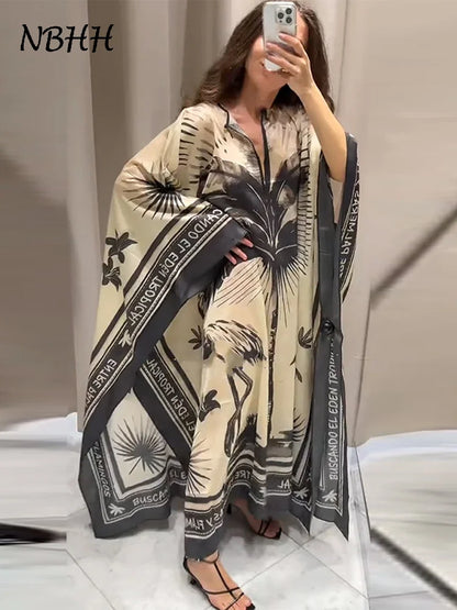 Loose Print Long Dresses Women O-neck Full Sleeve Pleated Holiday Dress Female 2025 Summer Lady Fashion Robes High Street