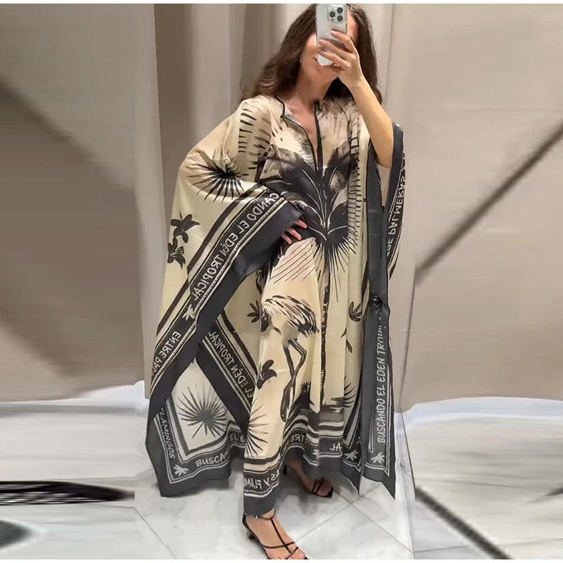 Loose Print Long Dresses Women O-neck Full Sleeve Pleated Holiday Dress Female 2025 Summer Lady Fashion Robes High Street