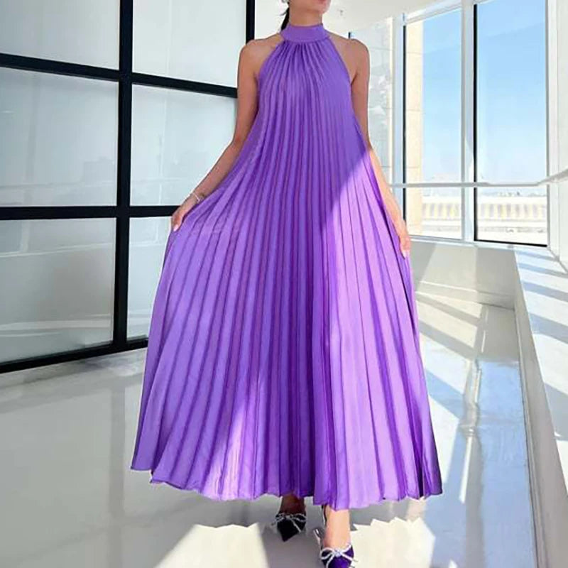 Spring Summer Half High Neck Loose Women Dress Casual Multi-color Pleated Long Dress 2025 Sexy Sleeveless High Waist Party Dress