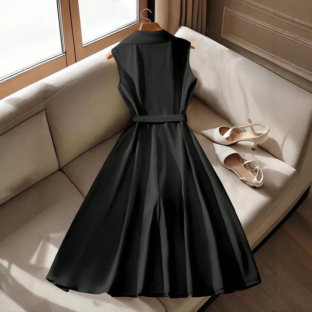 Rafiah Boutique Women's Dresses Summer French Elegant Flounce A-Line Midi Vacation Streetwear Long Sleeve Shirt Collar Dresses