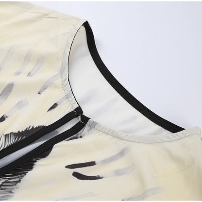 Loose Print Long Dresses Women O-neck Full Sleeve Pleated Holiday Dress Female 2025 Summer Lady Fashion Robes High Street