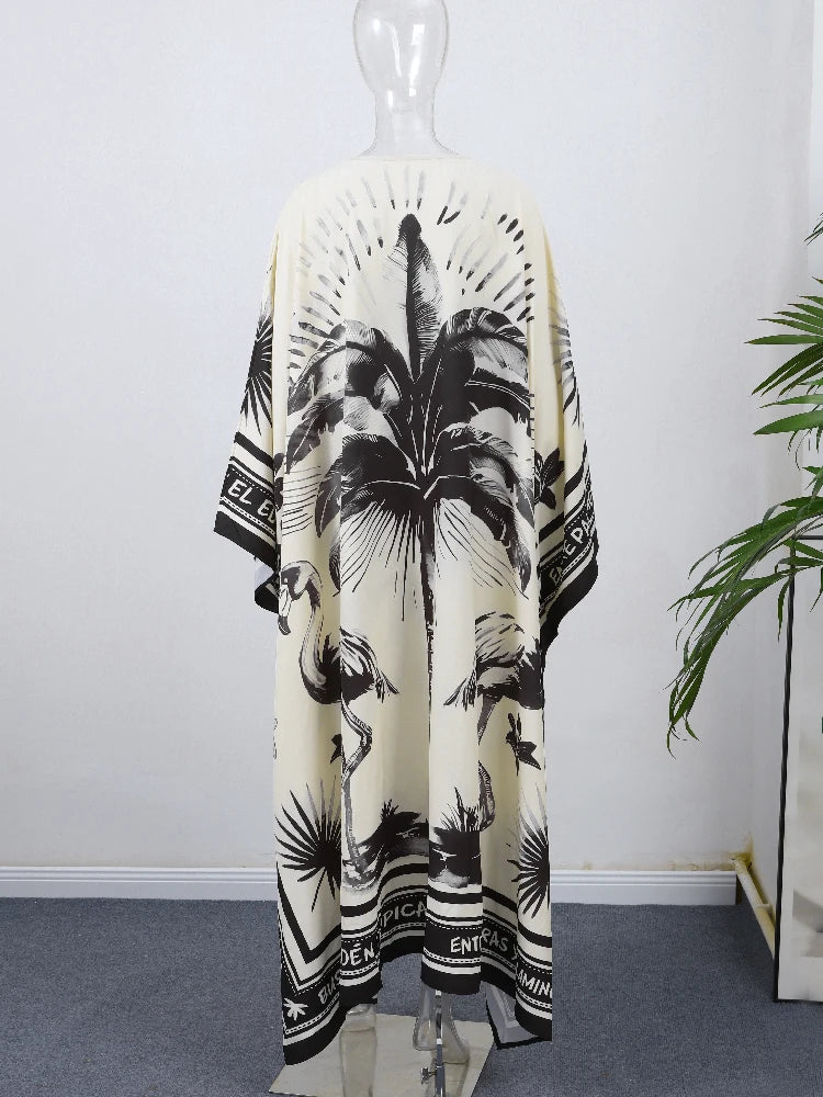 Loose Print Long Dresses Women O-neck Full Sleeve Pleated Holiday Dress Female 2025 Summer Lady Fashion Robes High Street