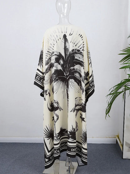 Loose Print Long Dresses Women O-neck Full Sleeve Pleated Holiday Dress Female 2025 Summer Lady Fashion Robes High Street