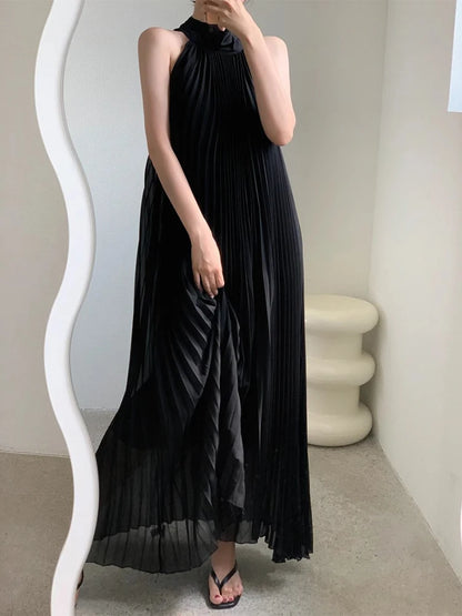 Matakawa Pleated Dresses Women Solid Beach Style Spring Summer Elegant Long Dress Sleeveless Korean Fashion Retro Vestidos