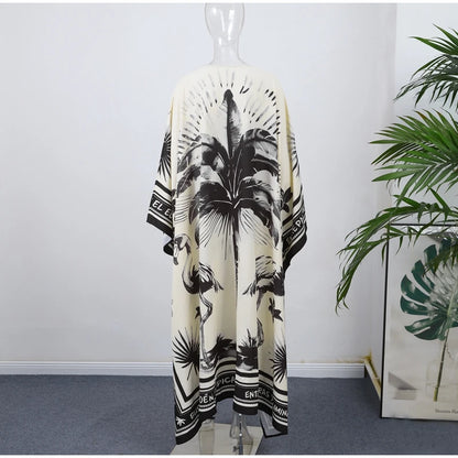 Loose Print Long Dresses Women O-neck Full Sleeve Pleated Holiday Dress Female 2025 Summer Lady Fashion Robes High Street