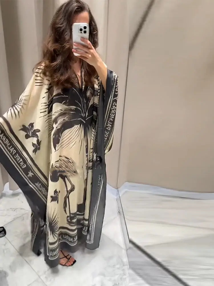 Loose Print Long Dresses Women O-neck Full Sleeve Pleated Holiday Dress Female 2025 Summer Lady Fashion Robes High Street