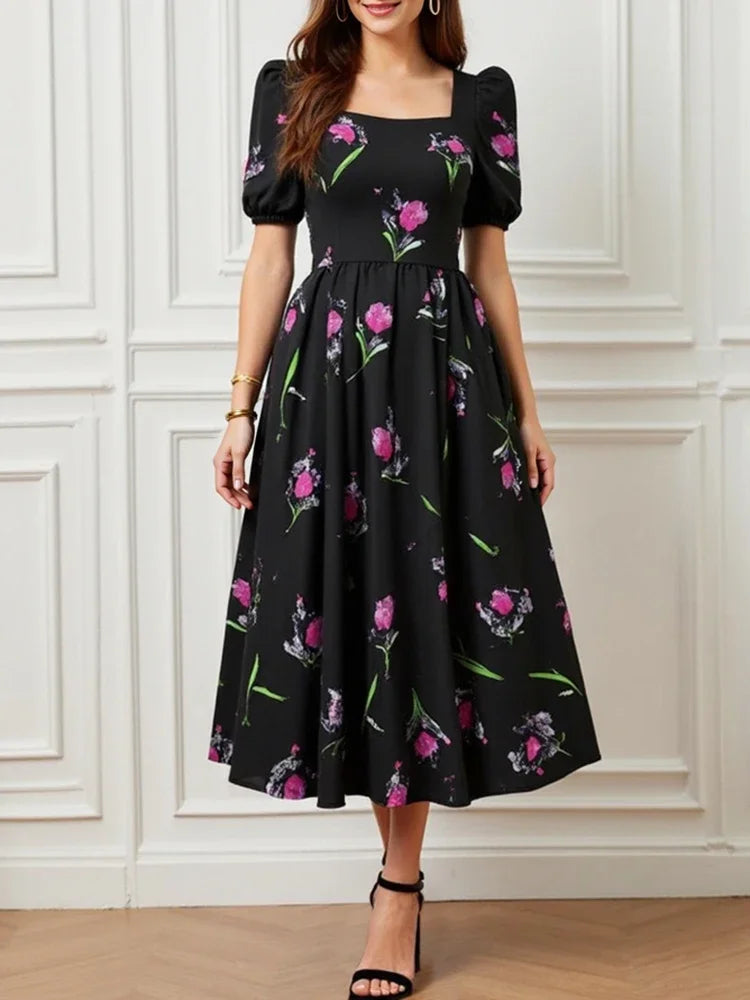 Rafiah Select Women's Dress 2025 Summer Elegant Midi Pleated Flower Print Short Puff Sleeve Square Neck Long Dress