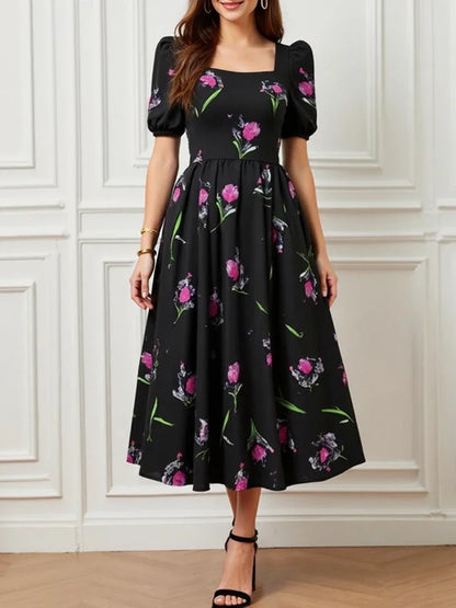 Rafiah Select Women's Dress 2025 Summer Elegant Midi Pleated Flower Print Short Puff Sleeve Square Neck Long Dress