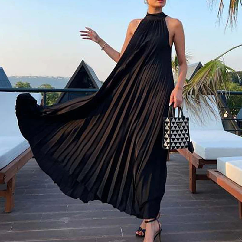 Spring Summer Half High Neck Loose Women Dress Casual Multi-color Pleated Long Dress 2025 Sexy Sleeveless High Waist Party Dress