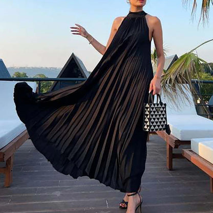 Spring Summer Half High Neck Loose Women Dress Casual Multi-color Pleated Long Dress 2025 Sexy Sleeveless High Waist Party Dress