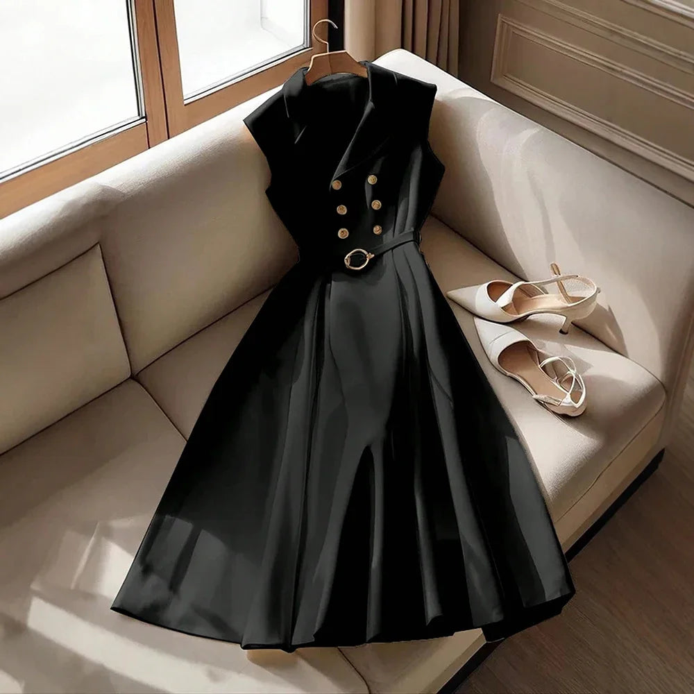 Rafiah Boutique Women's Dresses Summer French Elegant Flounce A-Line Midi Vacation Streetwear Long Sleeve Shirt Collar Dresses