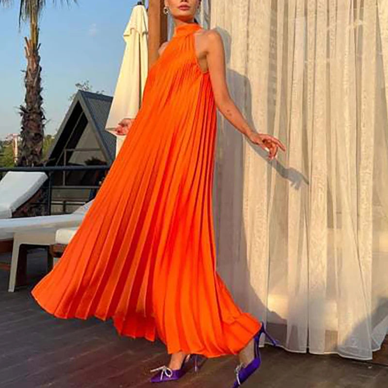 Spring Female Halter Slim Banquet Long Dress Women Sexy Off Shoulder Gala Dress New 2025 Elegant Solid Swing Loose Party Dress