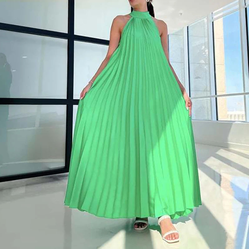 Spring Summer Half High Neck Loose Women Dress Casual Multi-color Pleated Long Dress 2025 Sexy Sleeveless High Waist Party Dress