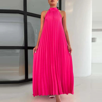 Spring Summer Half High Neck Loose Women Dress Casual Multi-color Pleated Long Dress 2025 Sexy Sleeveless High Waist Party Dress