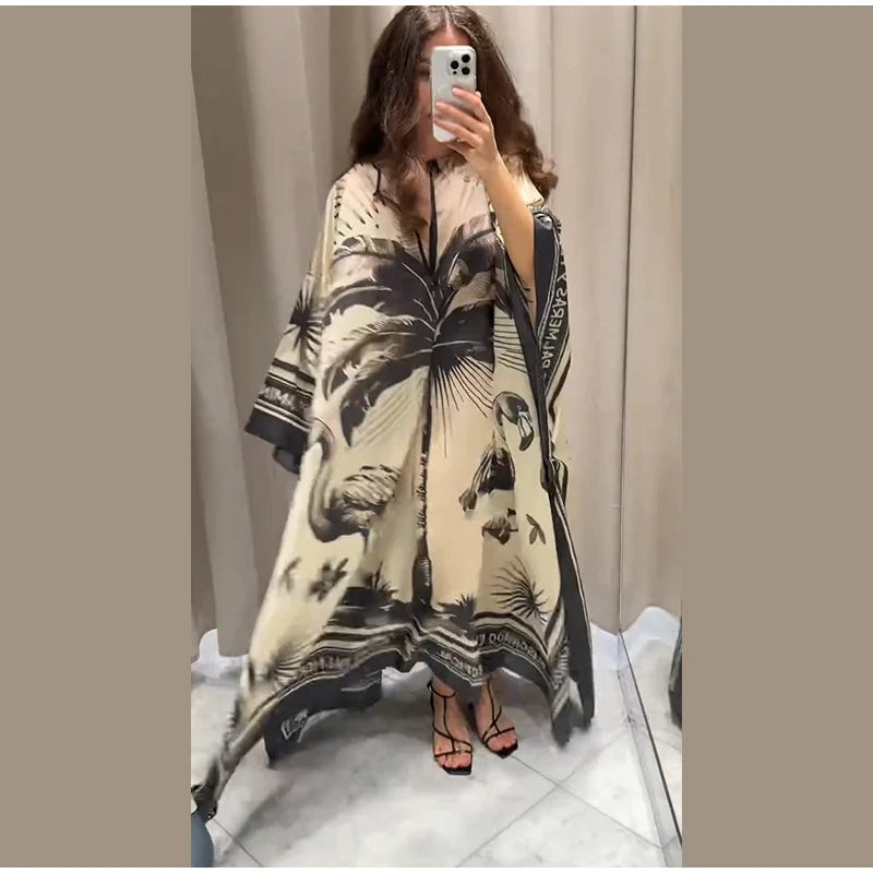 Loose Print Long Dresses Women O-neck Full Sleeve Pleated Holiday Dress Female 2025 Summer Lady Fashion Robes High Street