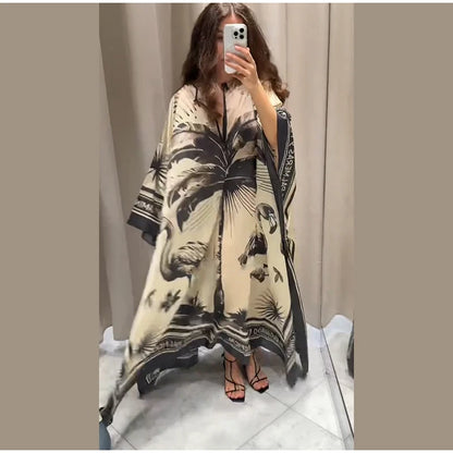 Loose Print Long Dresses Women O-neck Full Sleeve Pleated Holiday Dress Female 2025 Summer Lady Fashion Robes High Street