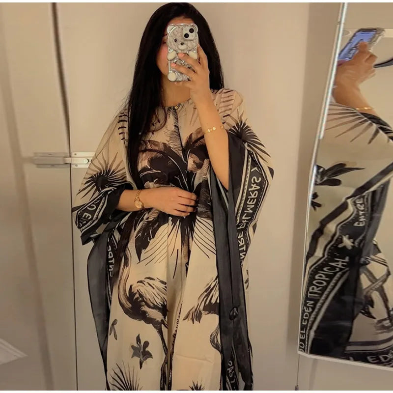 Loose Print Long Dresses Women O-neck Full Sleeve Pleated Holiday Dress Female 2025 Summer Lady Fashion Robes High Street
