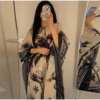 Loose Print Long Dresses Women O-neck Full Sleeve Pleated Holiday Dress Female 2025 Summer Lady Fashion Robes High Street