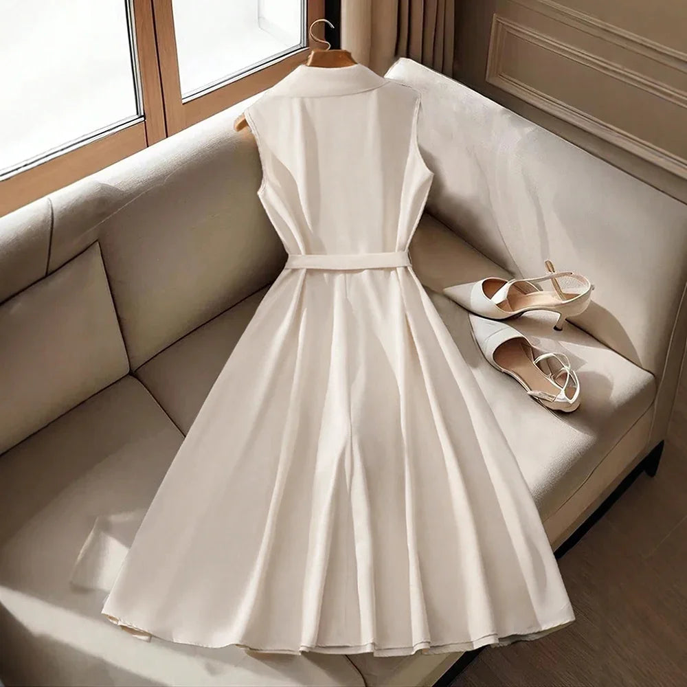 Rafiah Boutique Women's Dresses Summer French Elegant Flounce A-Line Midi Vacation Streetwear Long Sleeve Shirt Collar Dresses