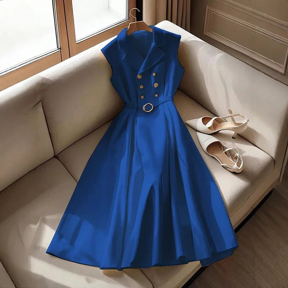 Rafiah Boutique Women's Dresses Summer French Elegant Flounce A-Line Midi Vacation Streetwear Long Sleeve Shirt Collar Dresses