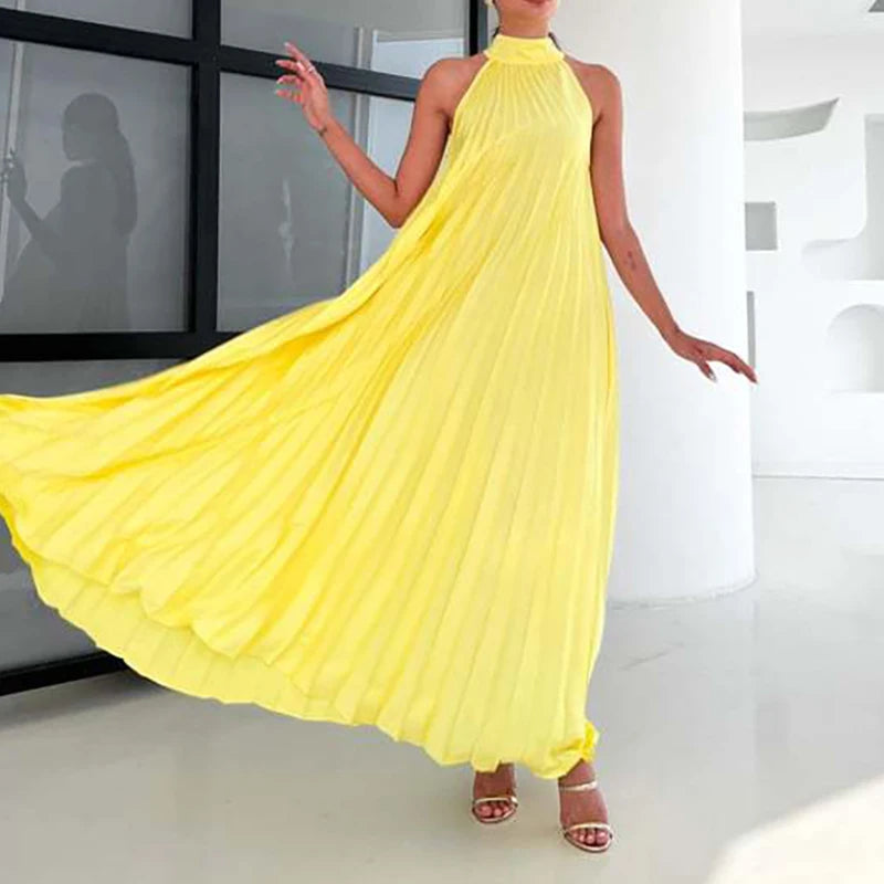 Spring Summer Half High Neck Loose Women Dress Casual Multi-color Pleated Long Dress 2025 Sexy Sleeveless High Waist Party Dress